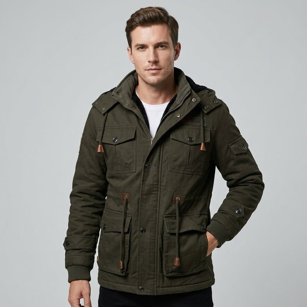 Men's Army Green Hooded Winter Jacket | Thermal Multi-Pocket Outdoor Fit Back