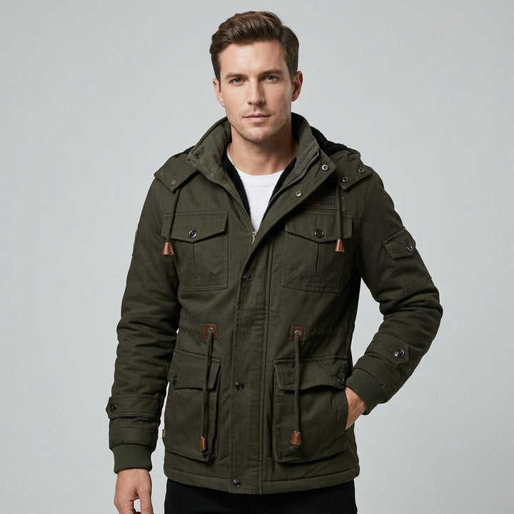 Men's Army Green Hooded Winter Jacket | Thermal Multi-Pocket Outdoor Fit Back