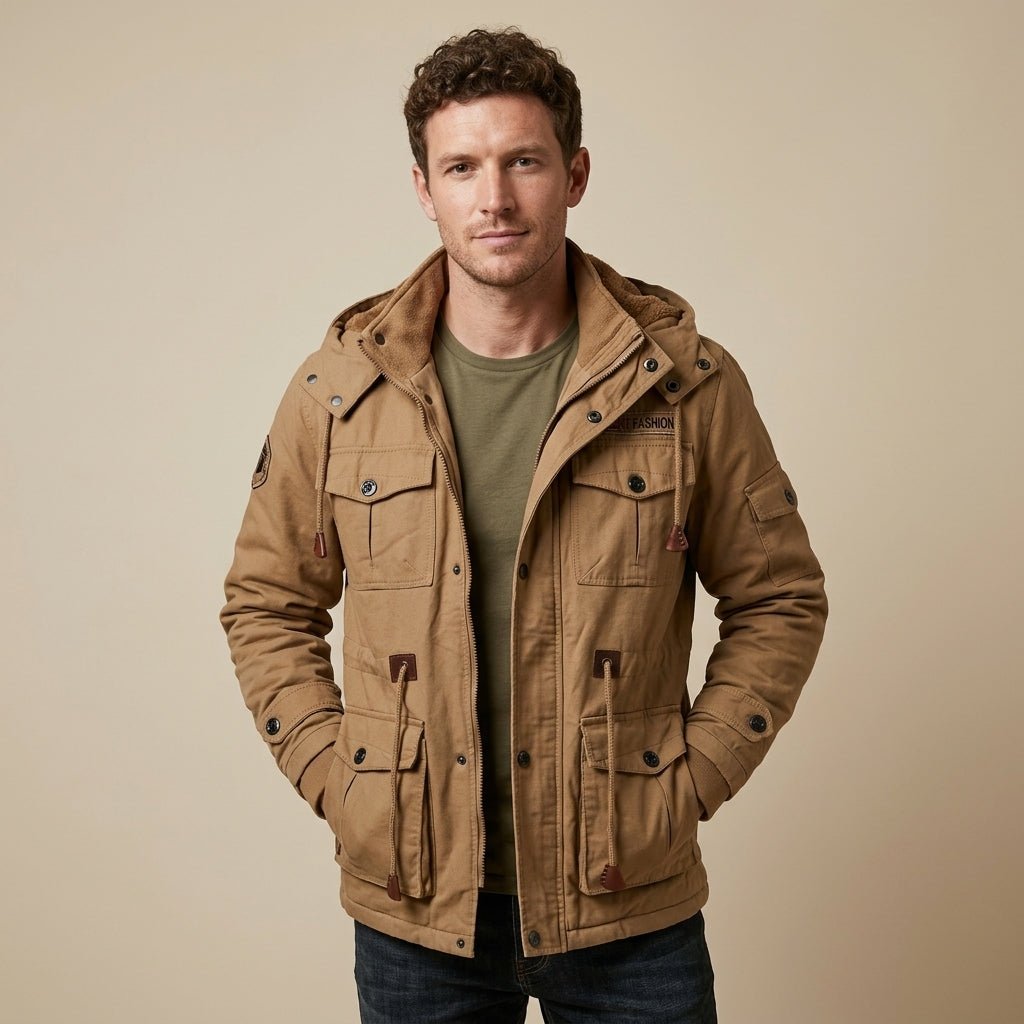 Men's Army Green Hooded Winter Jacket | Thermal Multi-Pocket Outdoor Fit Hero
