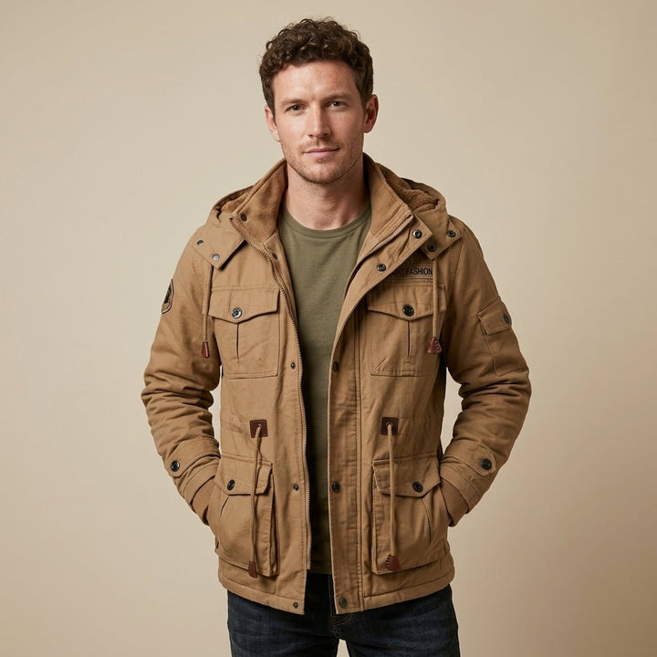 Men's Army Green Hooded Winter Jacket | Thermal Multi-Pocket Outdoor Fit Hero
