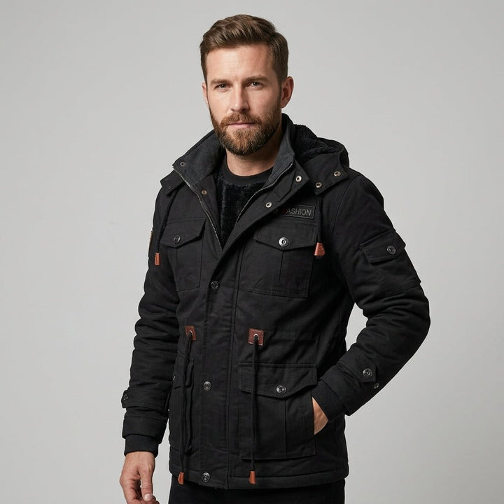 Men's Army Green Hooded Winter Jacket | Thermal Multi-Pocket Outdoor Fit Side