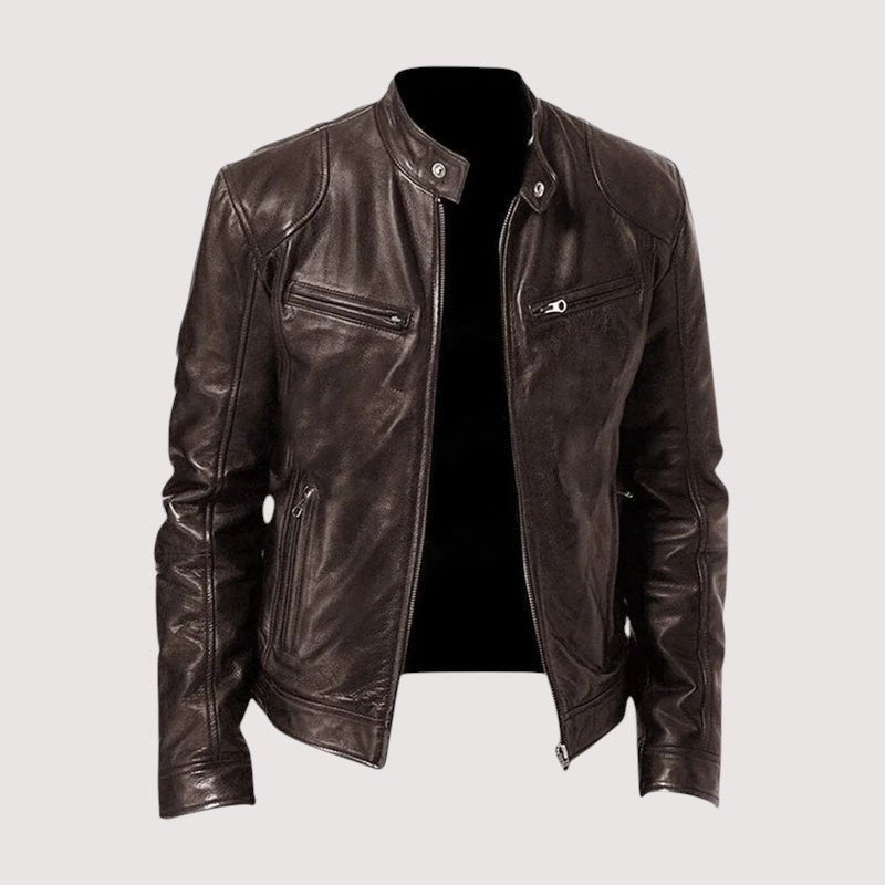 Men's Band Collar Leather Jacket | Slim Dark Edge Fit Detail