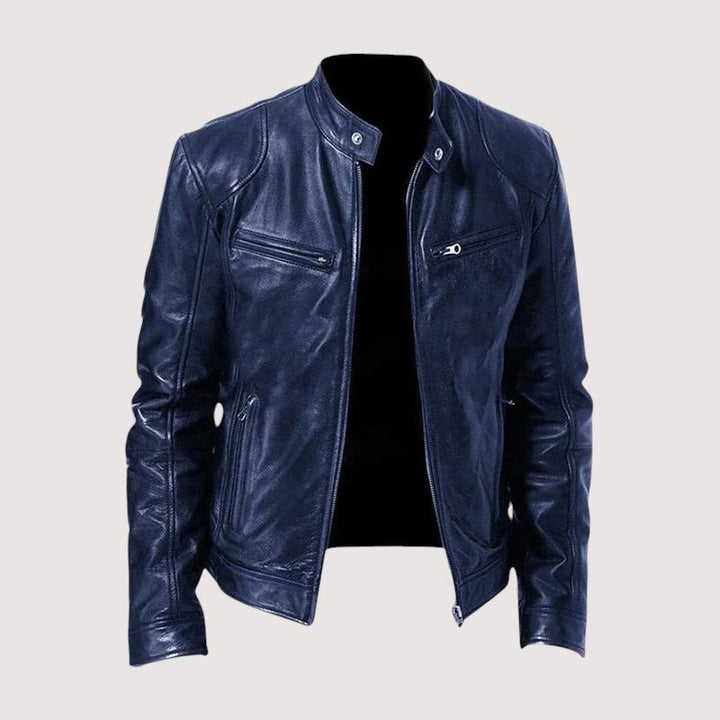 Men's Band Collar Leather Jacket | Slim Dark Edge Fit Front