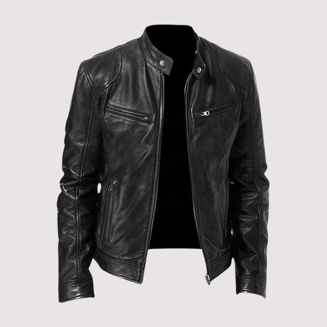 Men's Band Collar Leather Jacket | Slim Dark Edge Fit Hero