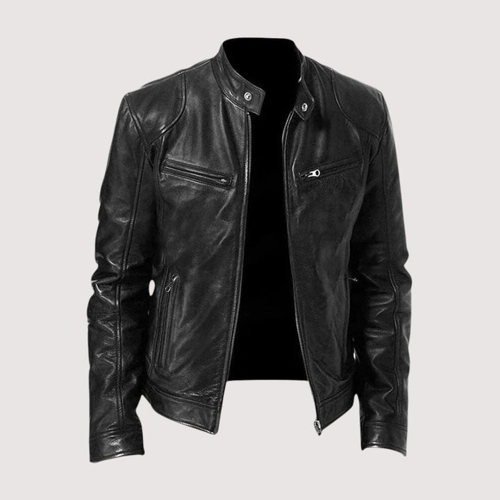 Men's Band Collar Leather Jacket | Slim Dark Edge Fit Hero