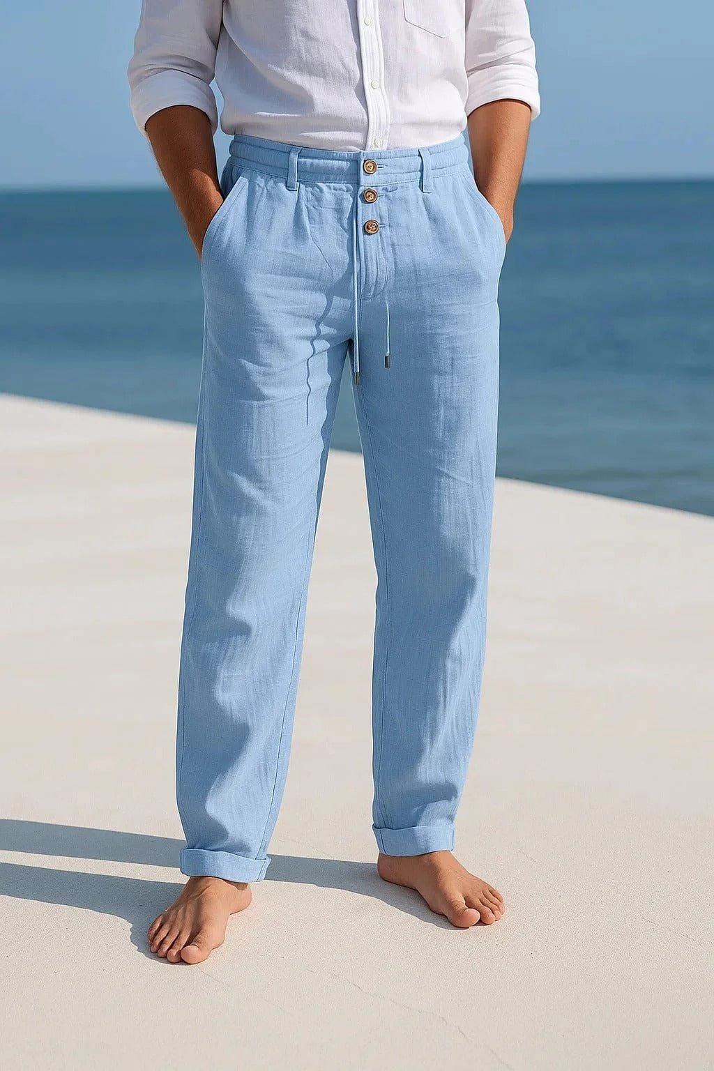 Men's Breathable Linen Trousers | Triple Button Placket Fit Close Up