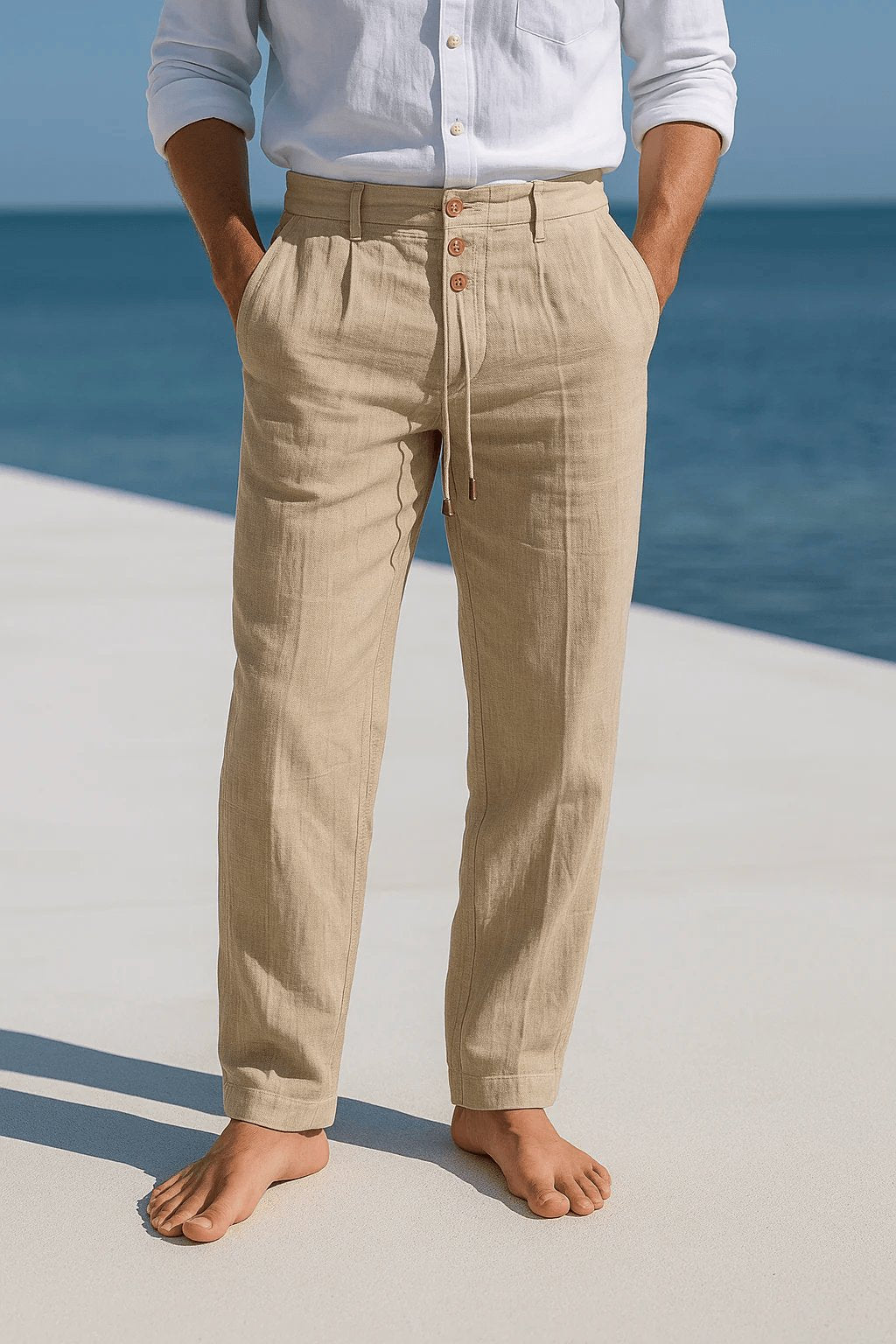 Men's Breathable Linen Trousers | Triple Button Placket Fit Detail