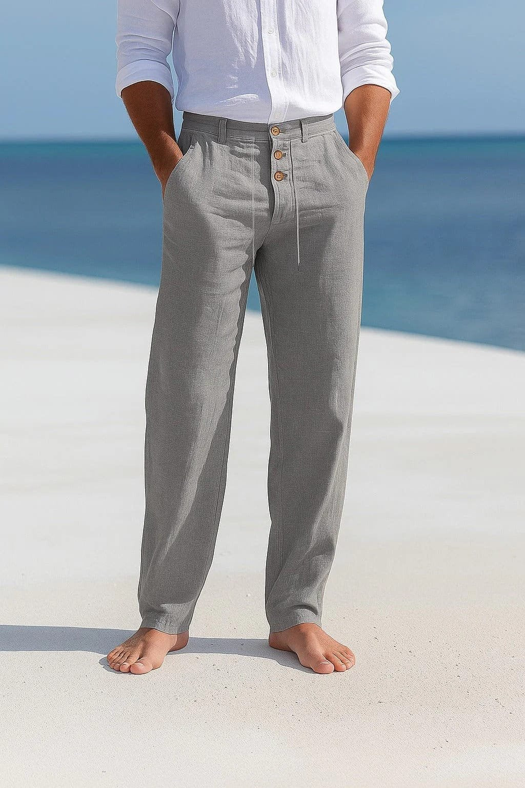 Men's Breathable Linen Trousers | Triple Button Placket Fit Side
