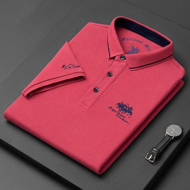 Men's Breathable Polo Shirt with Gold Contrast Collar Close Up