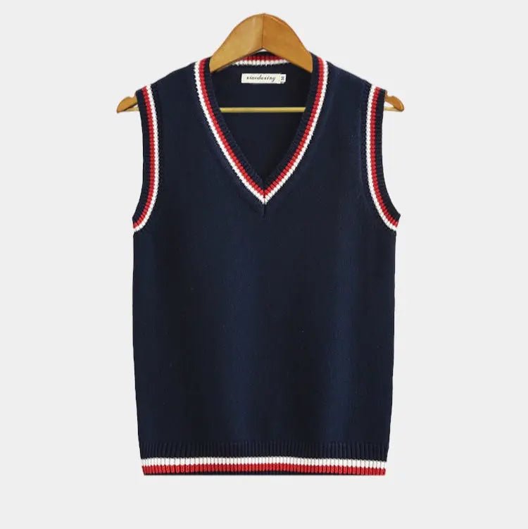 Men's Cable Knit Sweater Vest | V Neck with Ribbed Trim Close Up