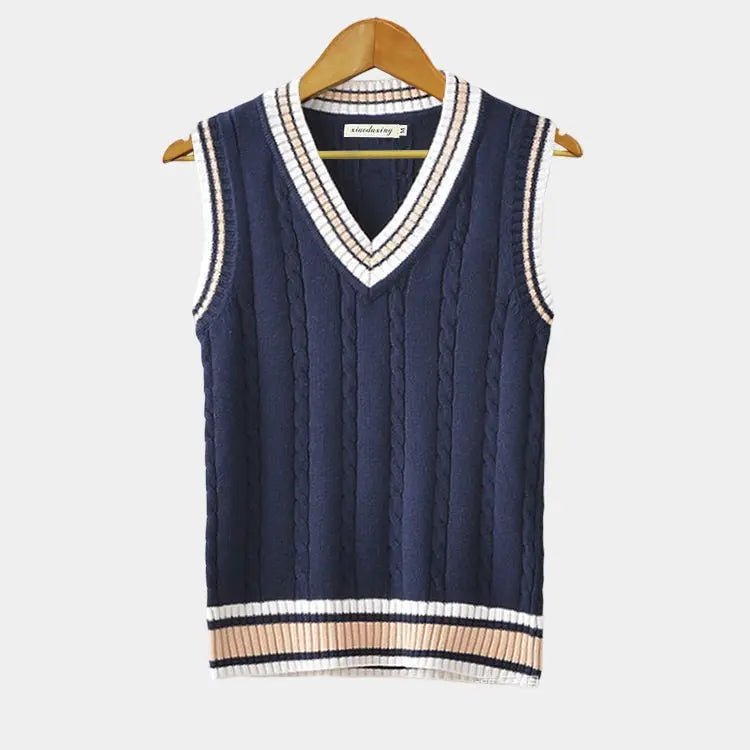 Men's Cable Knit Sweater Vest | V Neck with Ribbed Trim Front