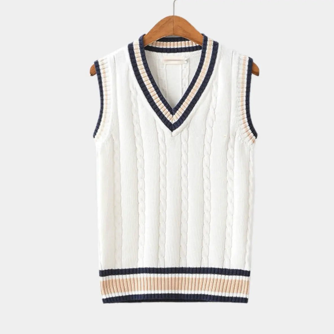 Men's Cable Knit Sweater Vest | V Neck with Ribbed Trim Hero
