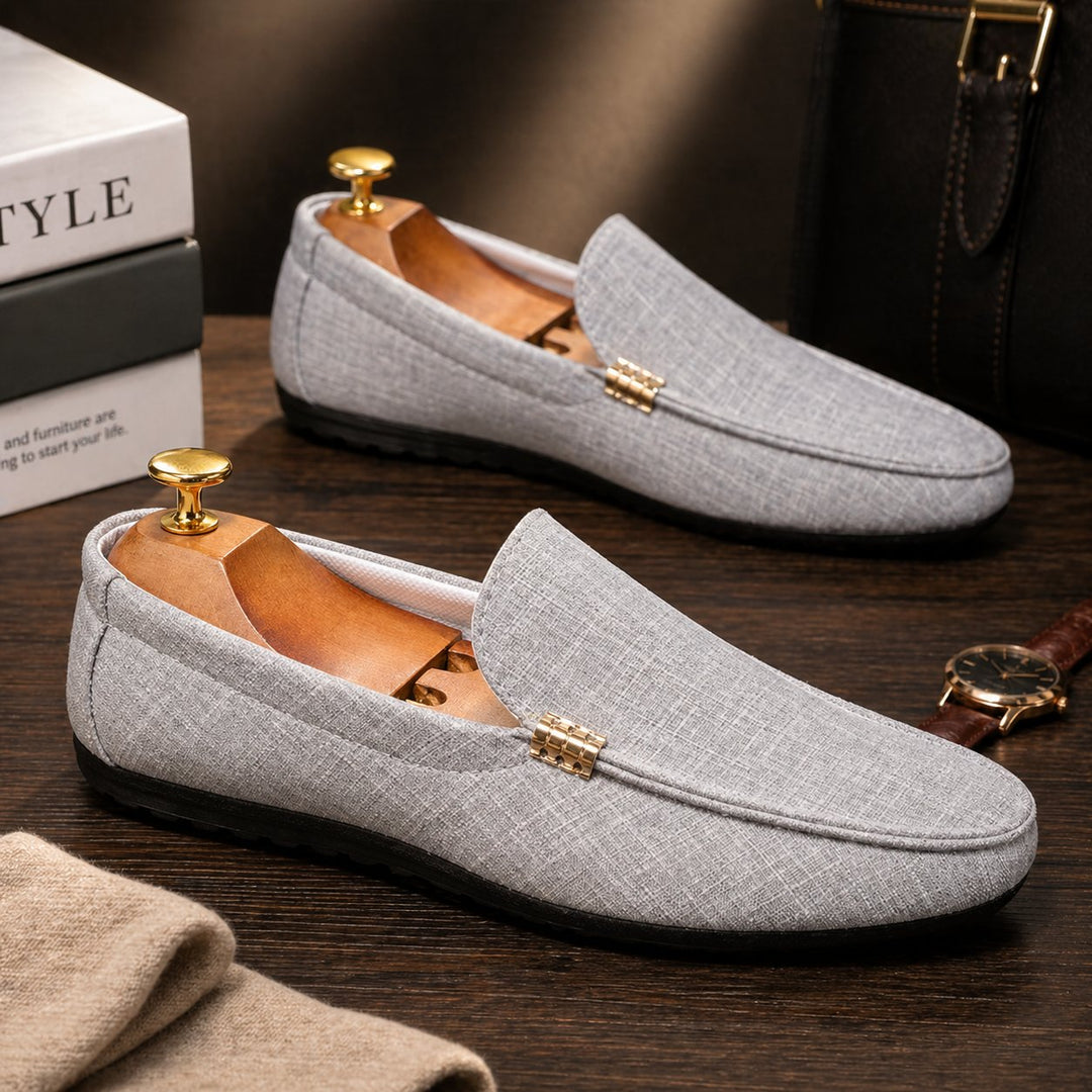 Men's Canvas Slip-On Loafers | Gold Bar Trim Detail Angle