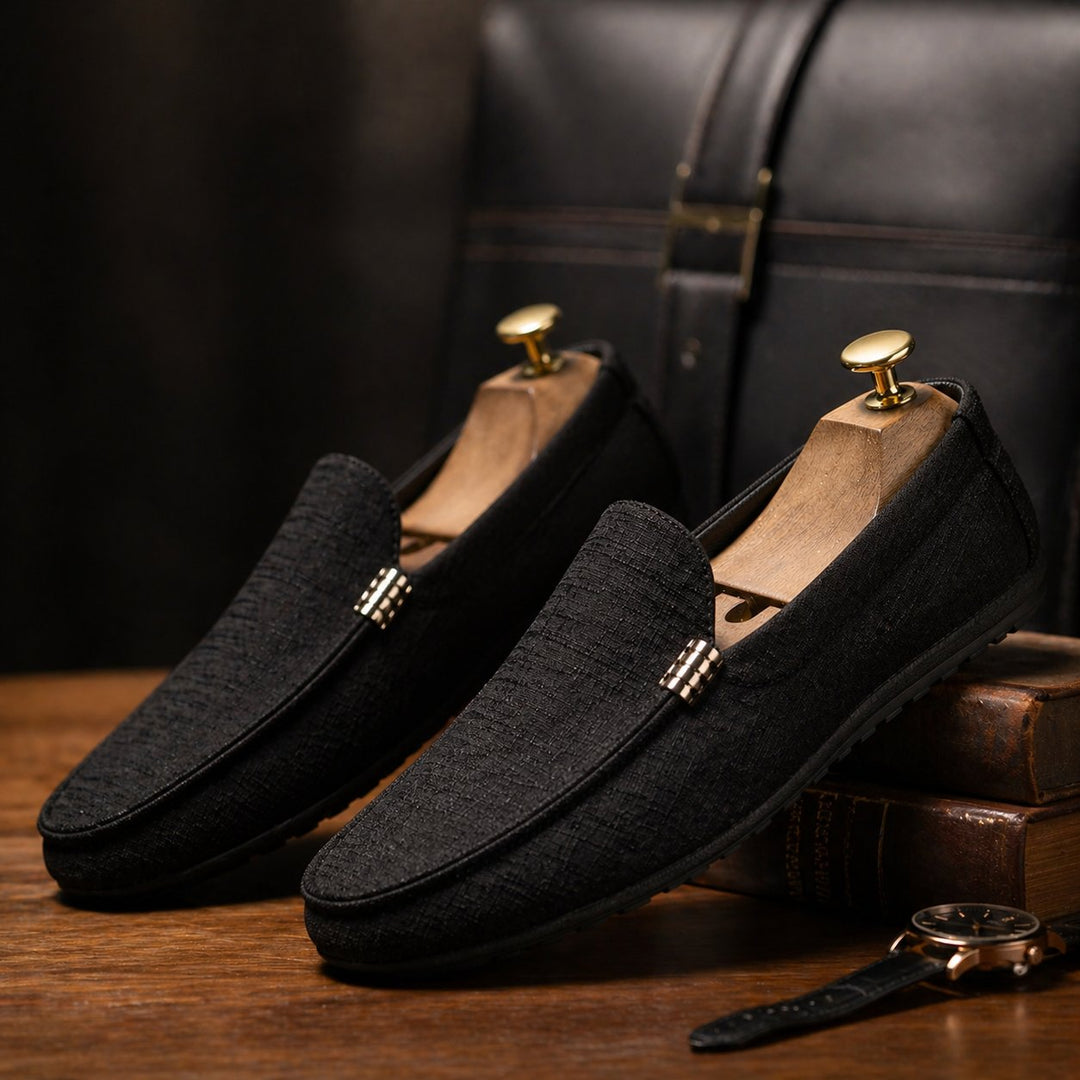 Men's Canvas Slip-On Loafers | Gold Bar Trim Detail Back
