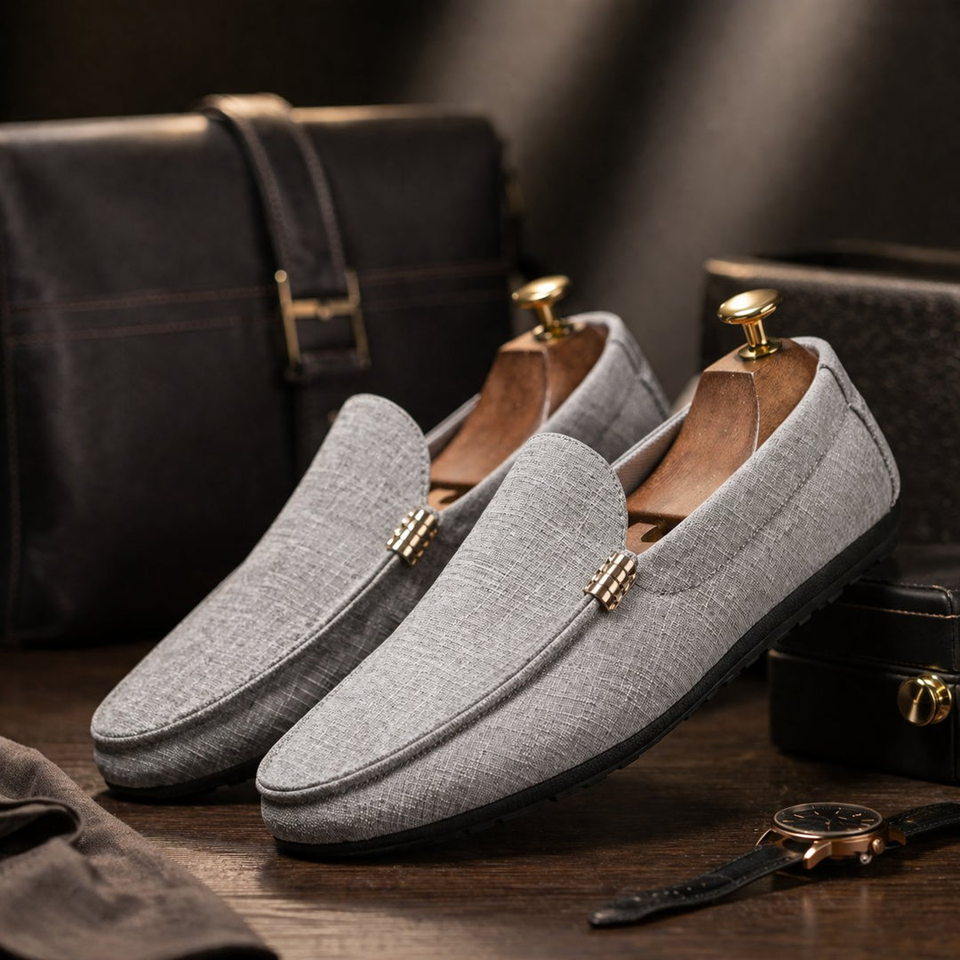 Men's Canvas Slip-On Loafers | Gold Bar Trim Detail Close Up