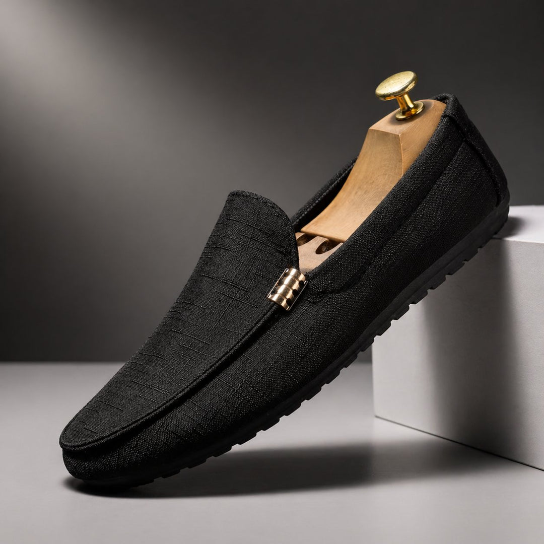Men's Canvas Slip-On Loafers | Gold Bar Trim Detail Front