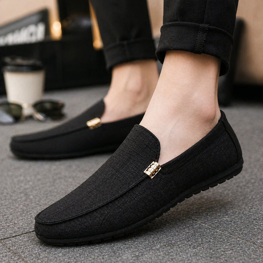 Men's Canvas Slip-On Loafers | Gold Bar Trim Detail Full