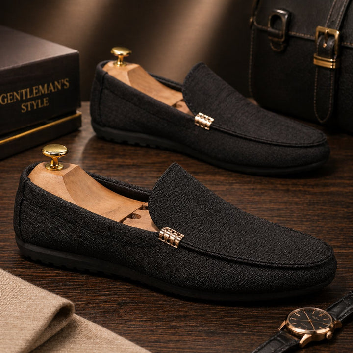 Men's Canvas Slip-On Loafers | Gold Bar Trim Detail Lifestyle