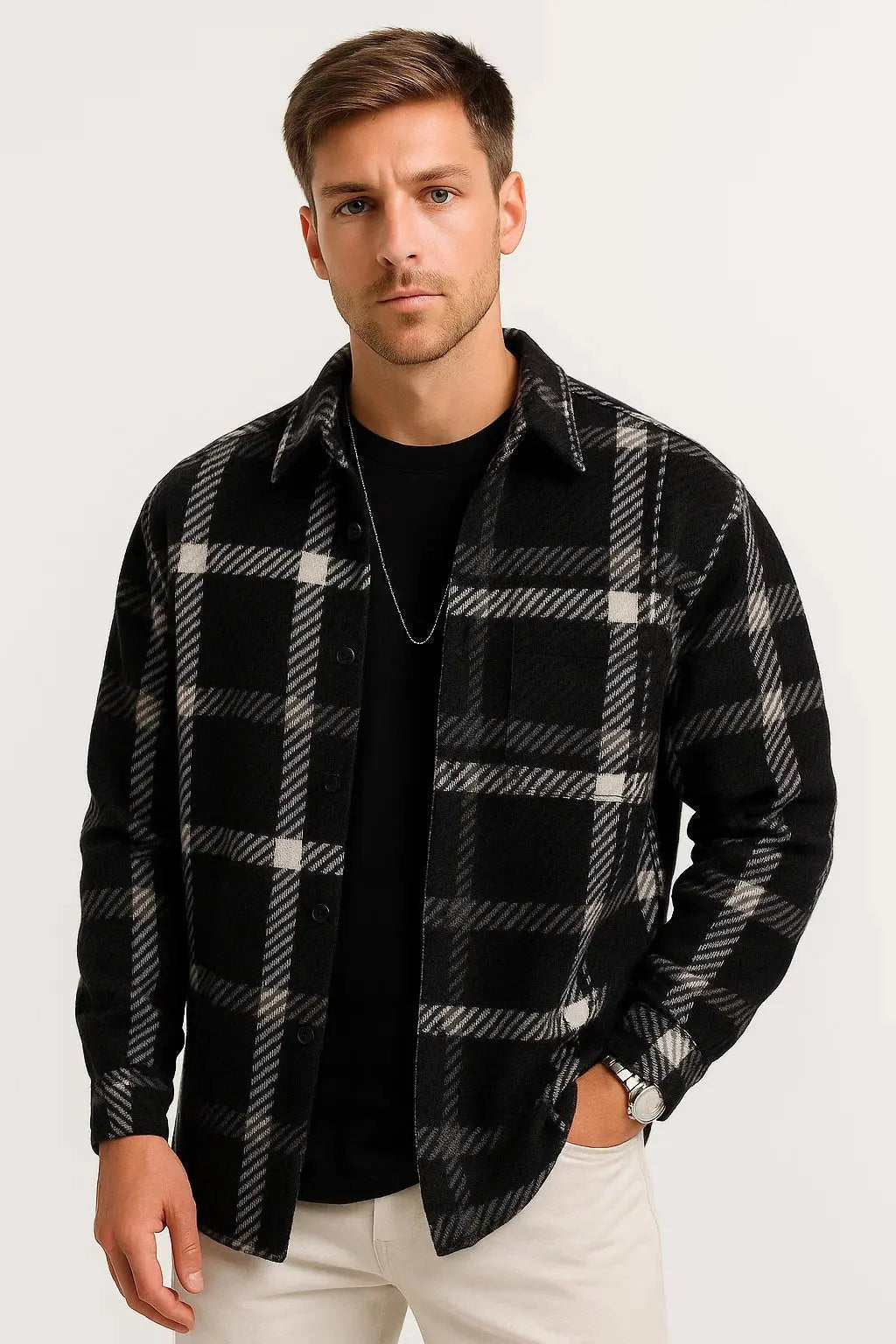 Men's Checkered Long Sleeve Shirt | Relaxed Fit with Dual Chest Pockets Close Up
