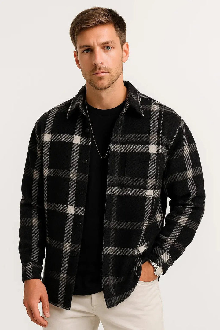 Men's Checkered Long Sleeve Shirt | Relaxed Fit with Dual Chest Pockets Close Up