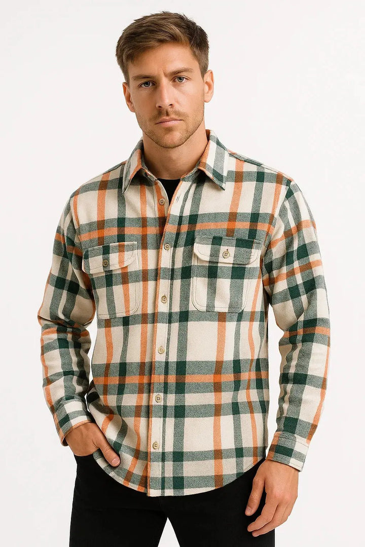 Men's Checkered Long Sleeve Shirt | Relaxed Fit with Dual Chest Pockets Detail
