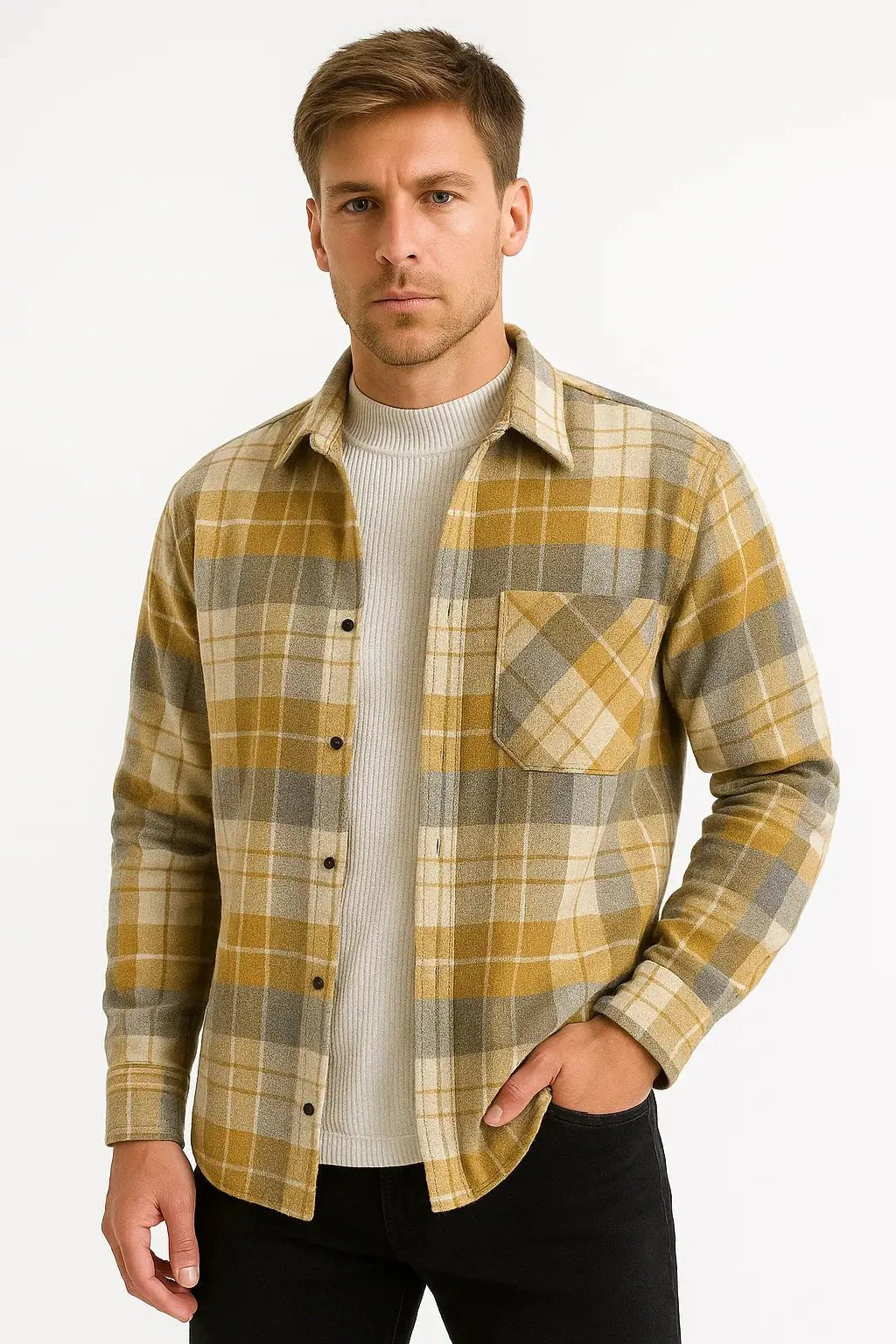 Men's Checkered Long Sleeve Shirt | Relaxed Fit with Dual Chest Pockets Front