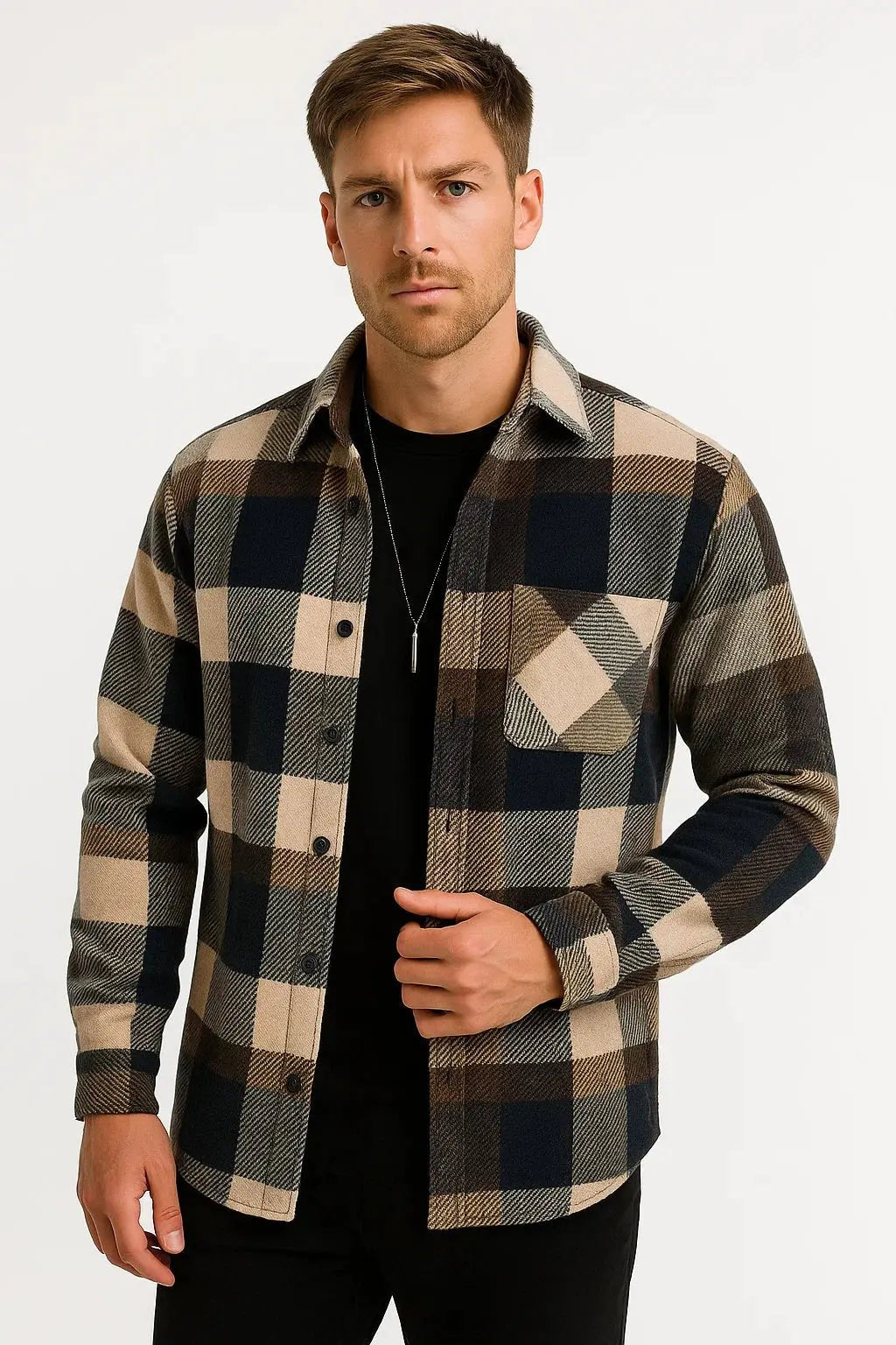 Men's Checkered Long Sleeve Shirt | Relaxed Fit with Dual Chest Pockets Side