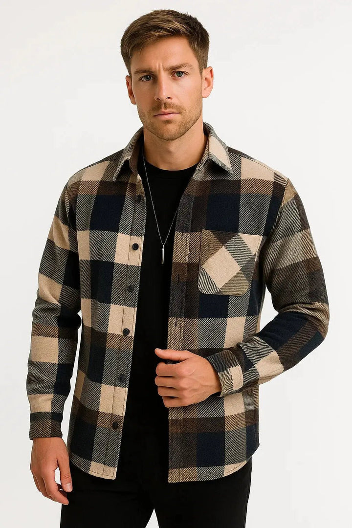 Men's Checkered Long Sleeve Shirt | Relaxed Fit with Dual Chest Pockets Side