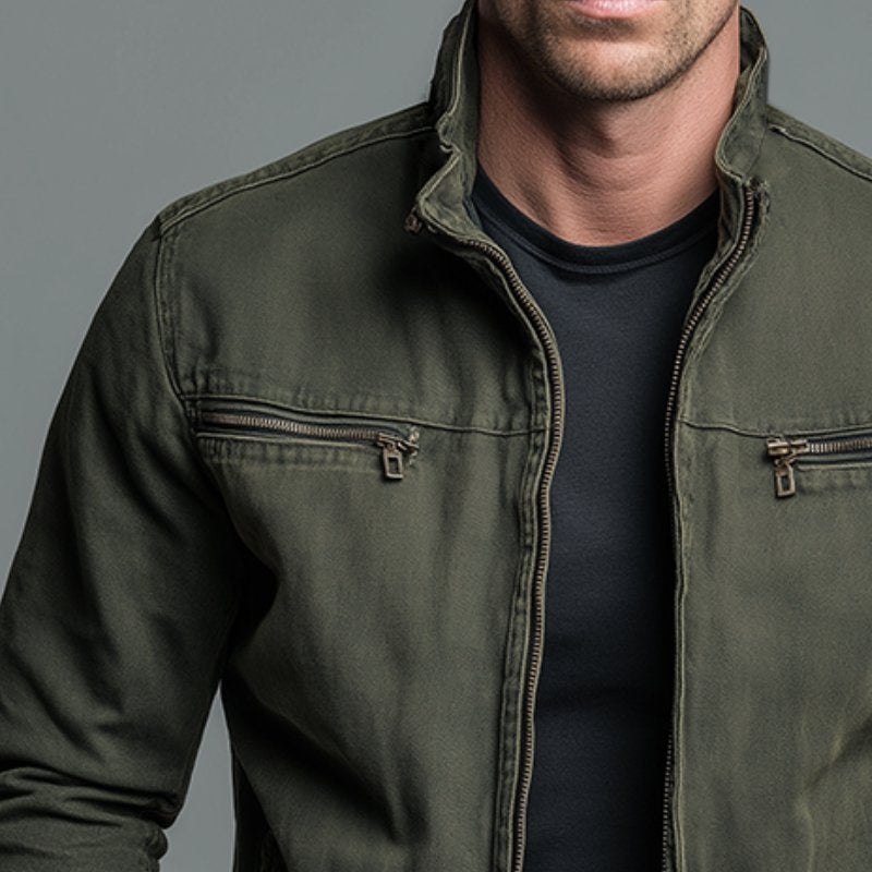 Men's Classic Cotton Jacket | Smart Casual with Dual Chest Zippers Close Up
