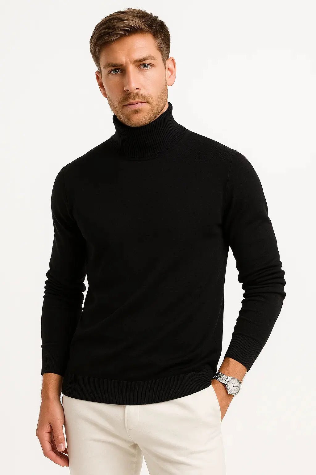 Men's Classic Turtleneck Sweater | Ribbed Wool Pullover Front