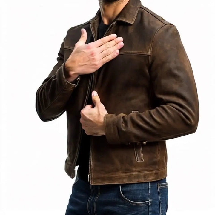 Men's Classic Zipper Jacket | Fitted Leather with Chest Yoke Front