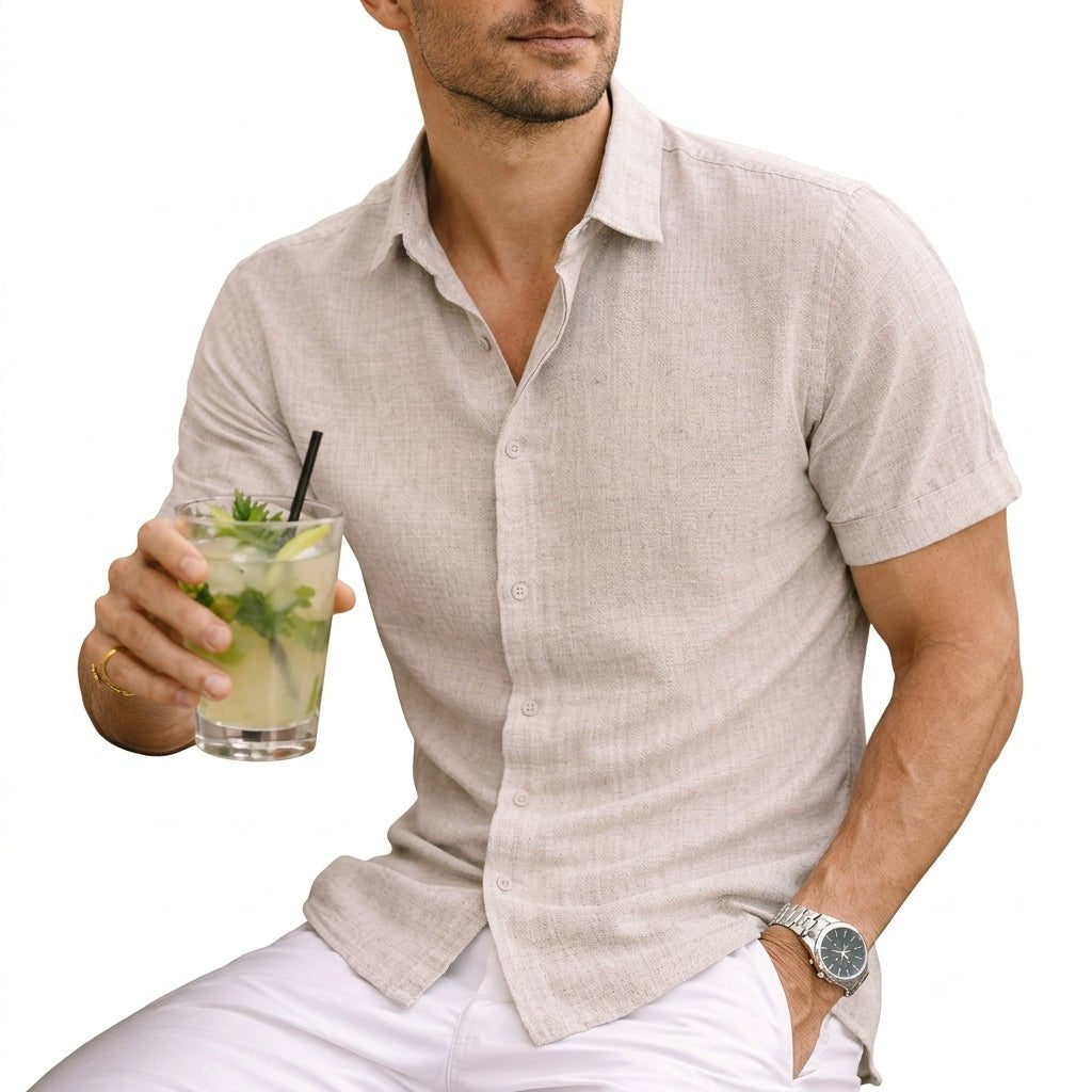 Men's Cotton Button Shirt with Rolled Sleeve Cuffs Close Up