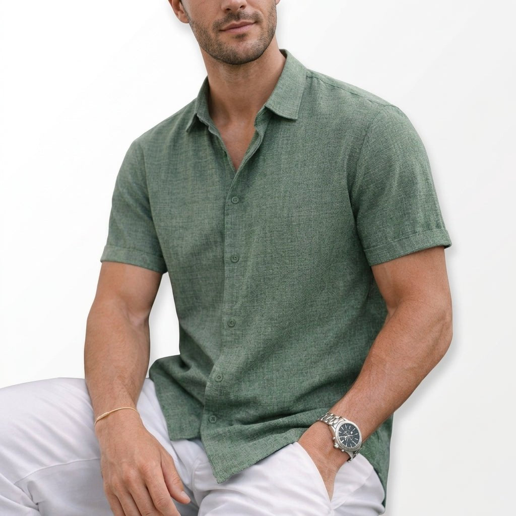 Men's Cotton Button Shirt with Rolled Sleeve Cuffs Front