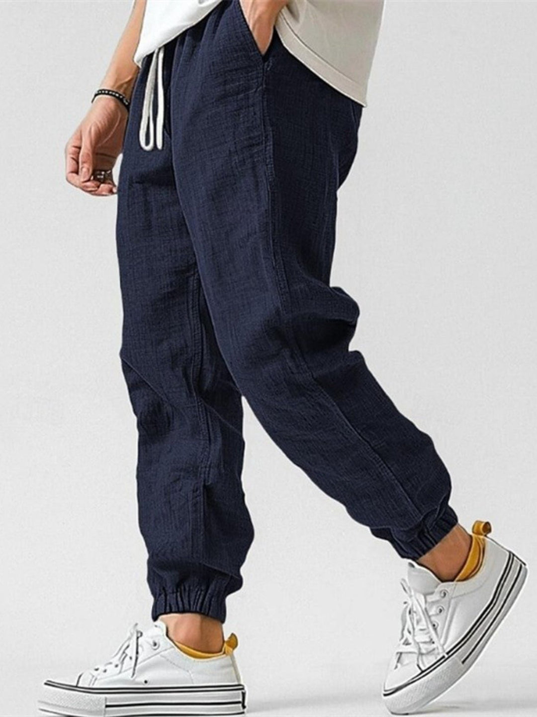 Men's Cotton Linen Joggers | Tapered Fit with Cuffed Ankles Close Up