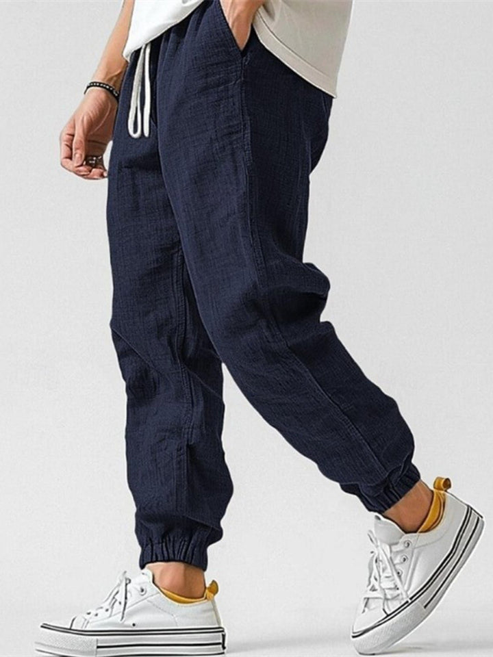 Men's Cotton Linen Joggers | Tapered Fit with Cuffed Ankles Close Up