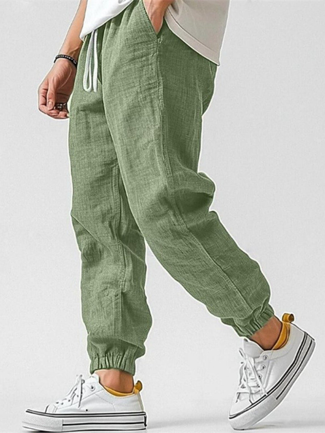 Men's Cotton Linen Joggers | Tapered Fit with Cuffed Ankles Detail