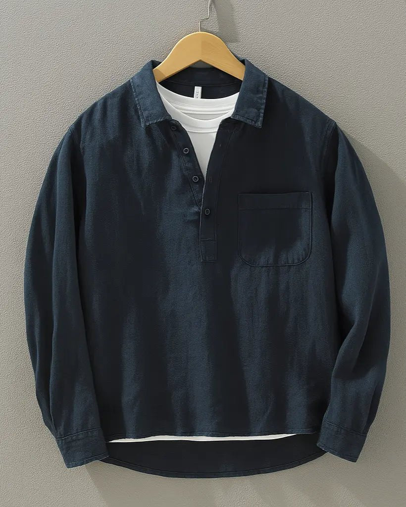 Men's Cotton Linen Popover Shirt | Oversized Henley Half Button Hero