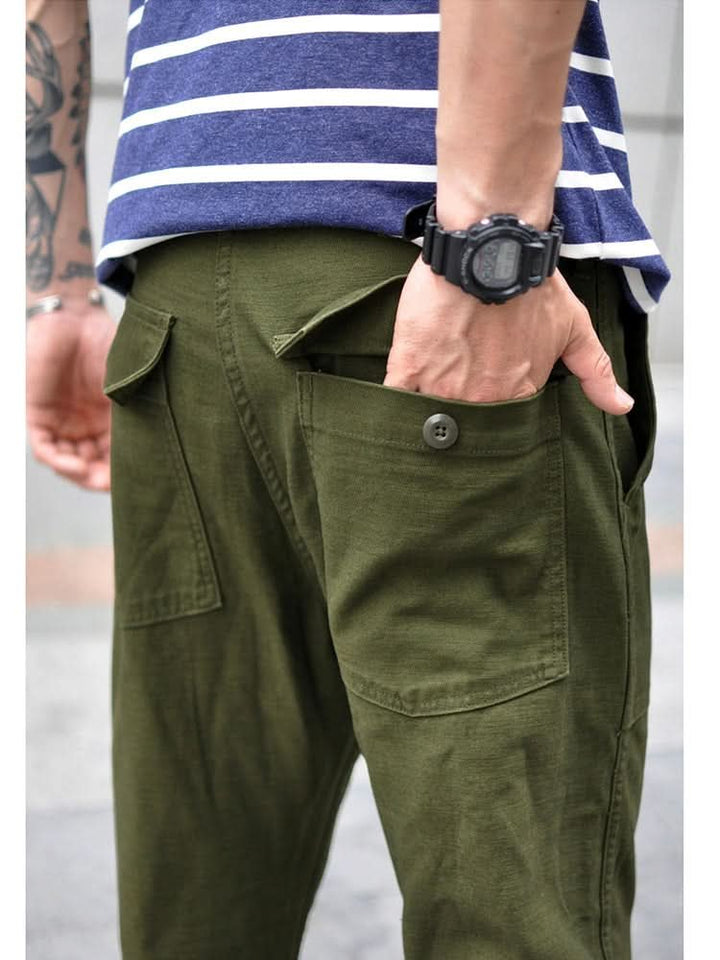Men's Cotton Straight Fatigue Pants | Utility Patch Pockets Close Up