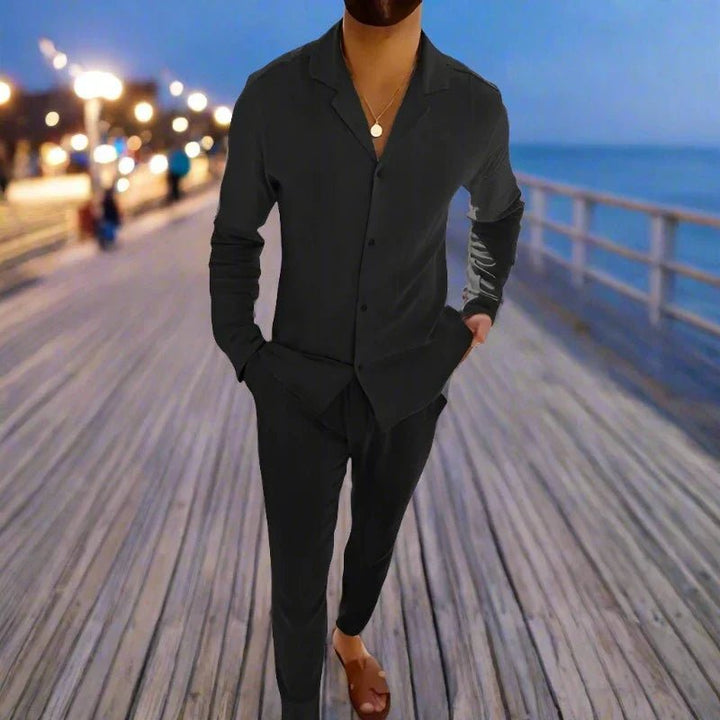 Men's Cuban Collar Shirt | Casual Long Sleeve Trousers Set Close Up