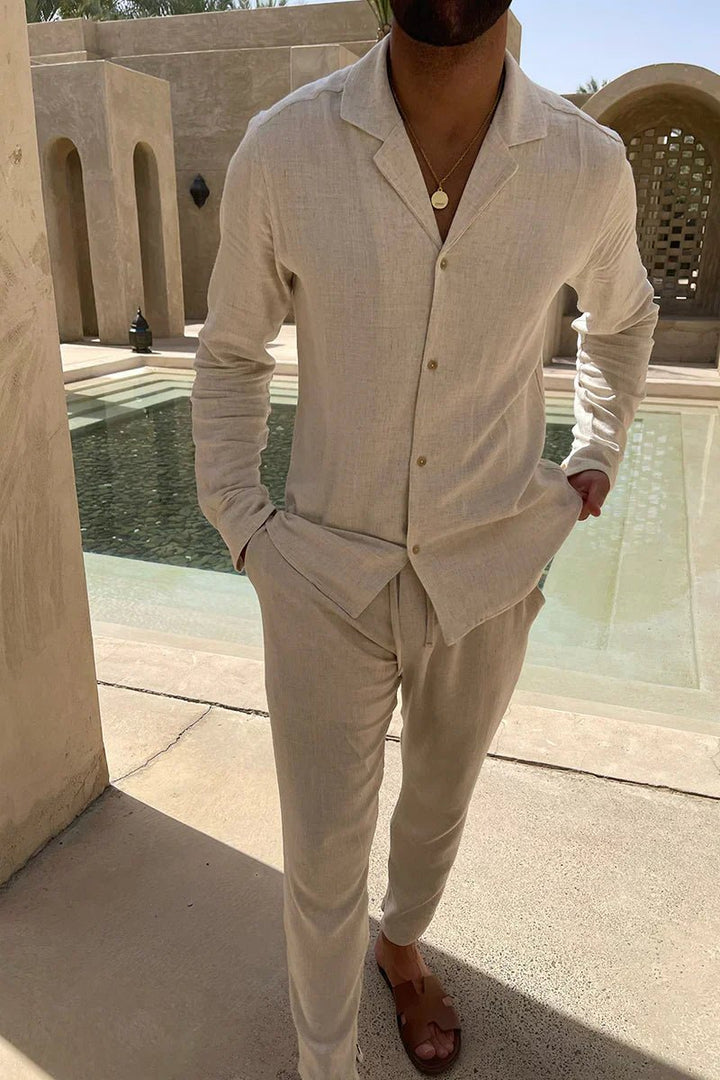 Men's Cuban Collar Shirt | Casual Long Sleeve Trousers Set Detail