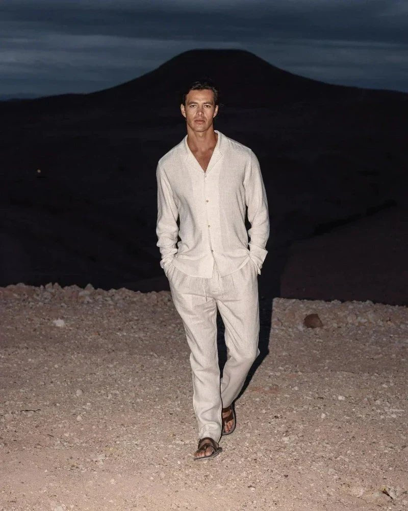 Men's Cuban Collar Shirt | Casual Long Sleeve Trousers Set Front