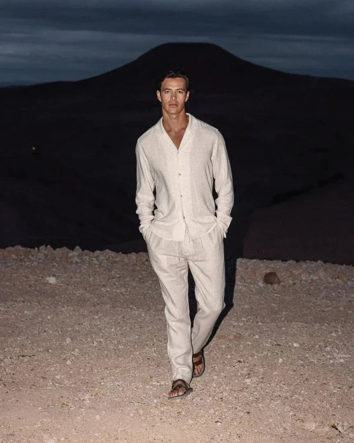 Men's Cuban Collar Shirt | Casual Long Sleeve Trousers Set Front