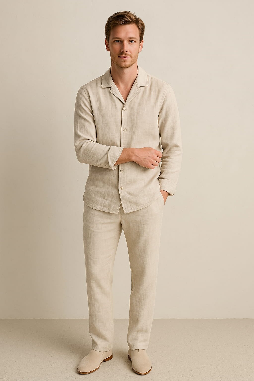 Men's Cuban Collar Shirt | Casual Long Sleeve Trousers Set Hero