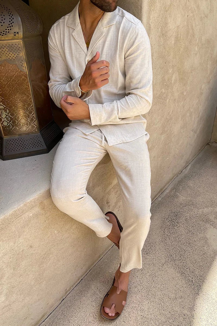 Men's Cuban Collar Shirt | Casual Long Sleeve Trousers Set Side