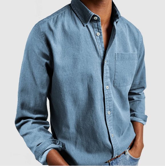 Men's Denim Button Shirt with Chest Patch Pocket Back