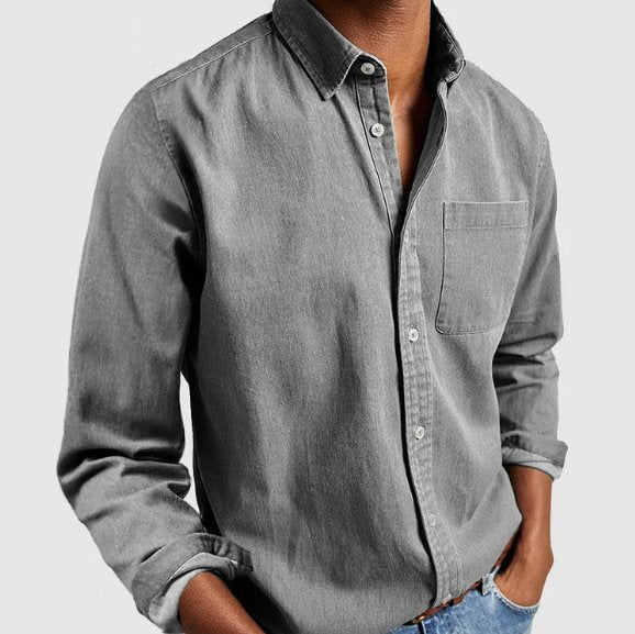 Men's Denim Button Shirt with Chest Patch Pocket Close Up