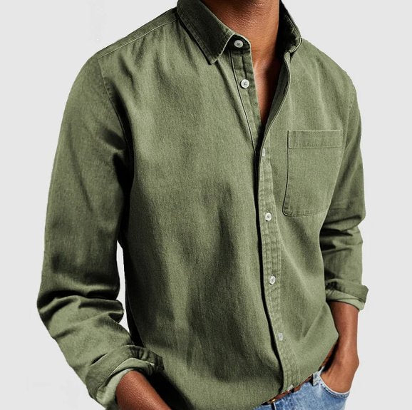Men's Denim Button Shirt with Chest Patch Pocket Detail