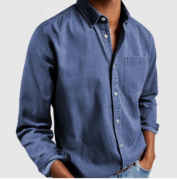 Men's Denim Button Shirt with Chest Patch Pocket Full