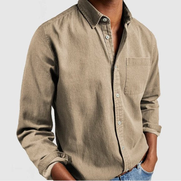 Men's Denim Button Shirt with Chest Patch Pocket Side