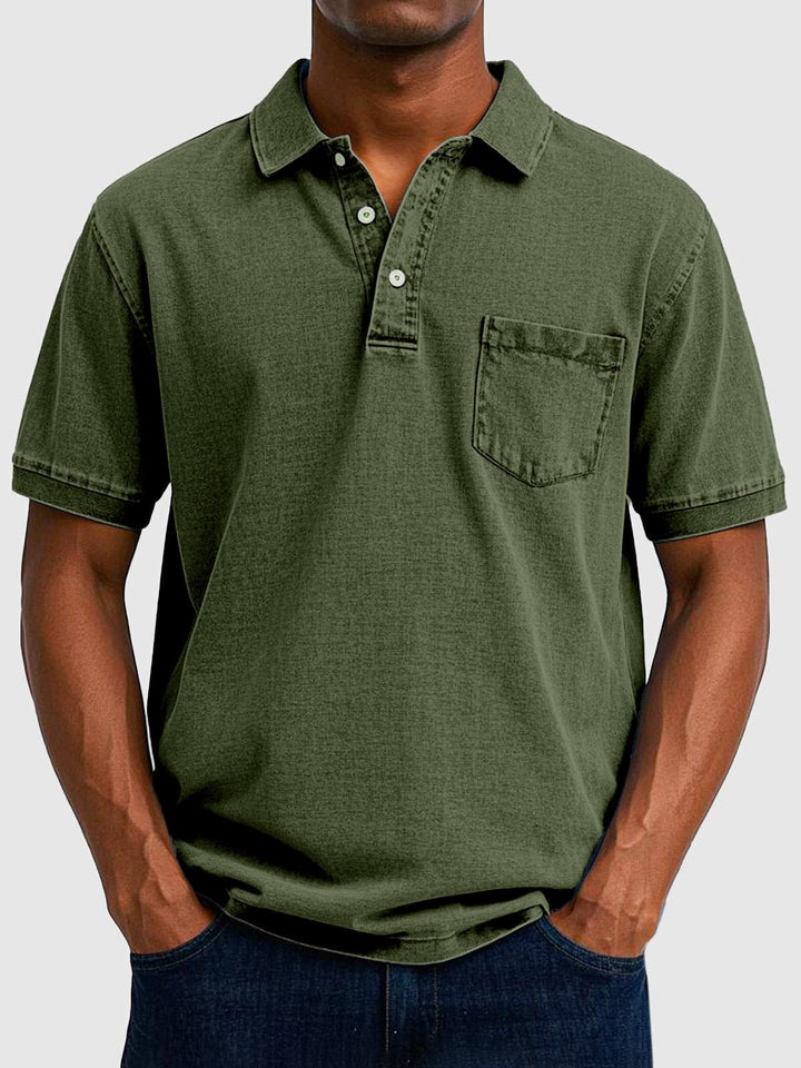 Men's Denim Wash Cotton Short Sleeve Polo Close Up